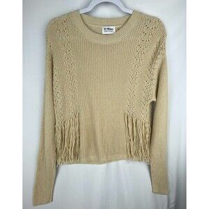27 Miles Malibu Sweater Womens Small Beige 100% Cotton Fringe Hem Pointelle Knit